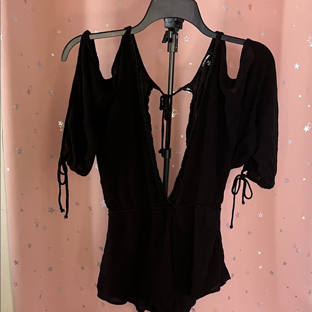 Fashion Nova Black Romper with Tie Sleeves
